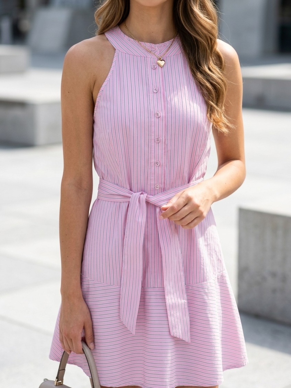 Parker Lauralie Combo Pink/Gray/White Striped Halter Dress 100% Cotton